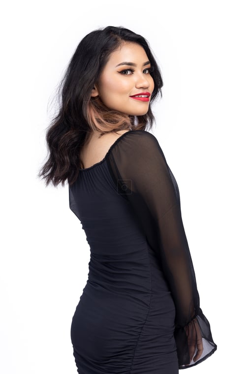 Red Lips and Smokey Eyes: Stunning Woman in Elegant Black Dress ...