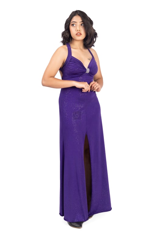 Glamorous Nepali Girl in Purple Gown Isolated on White Background