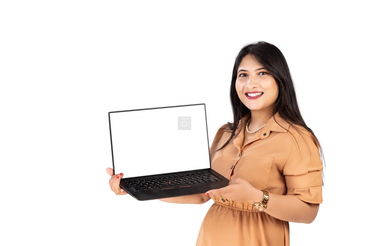 Smiling Nepali businesswoman holding laptop with screen mockup - Photos ...