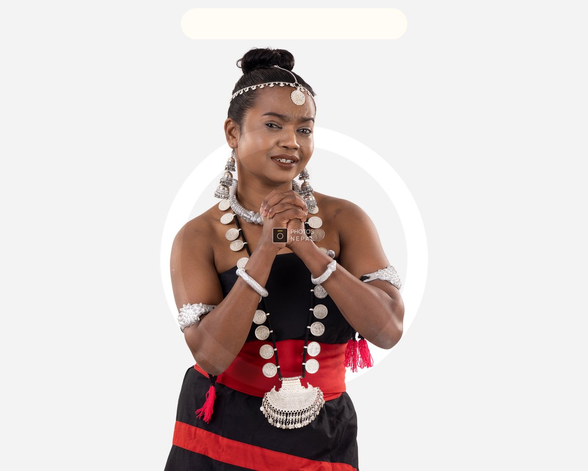 Studio Portrait Hopeful Dhimal Woman Wearing Traditional Dress and