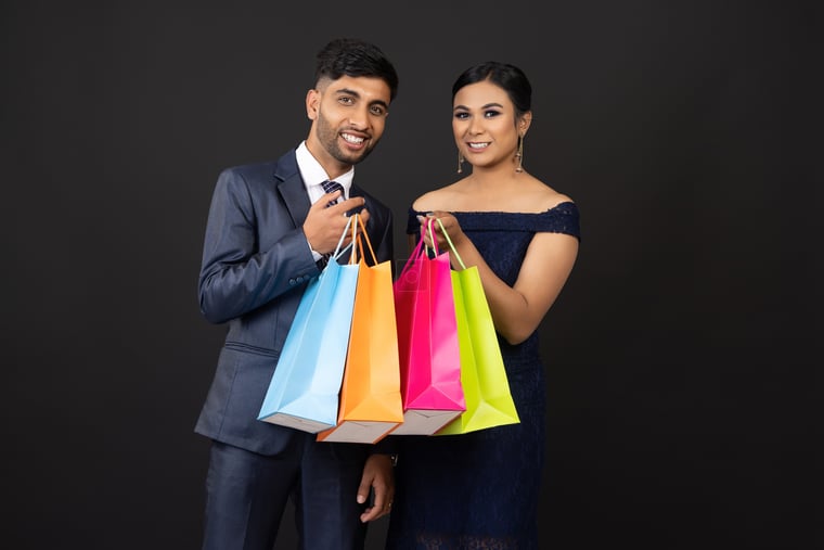 Nepali Couple Formal Attire Blue Suit Dress Black Background Smiling  Holding Shopping Bags - Photos Nepal