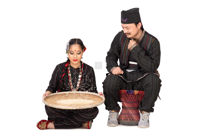 Newari Couple: Man Sitting on Muda and Woman Using Naanglo for Rice ...