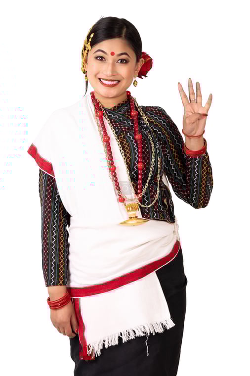 Smiling Newari Girl Showing Number 4 in Haku Patasi - Photos Nepal