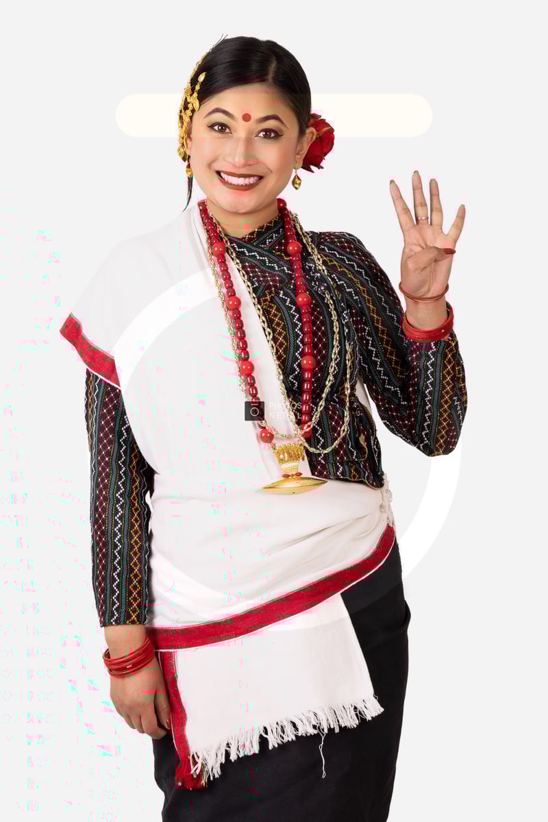 Smiling Newari Girl Showing Number 4 in Haku Patasi - Photos Nepal